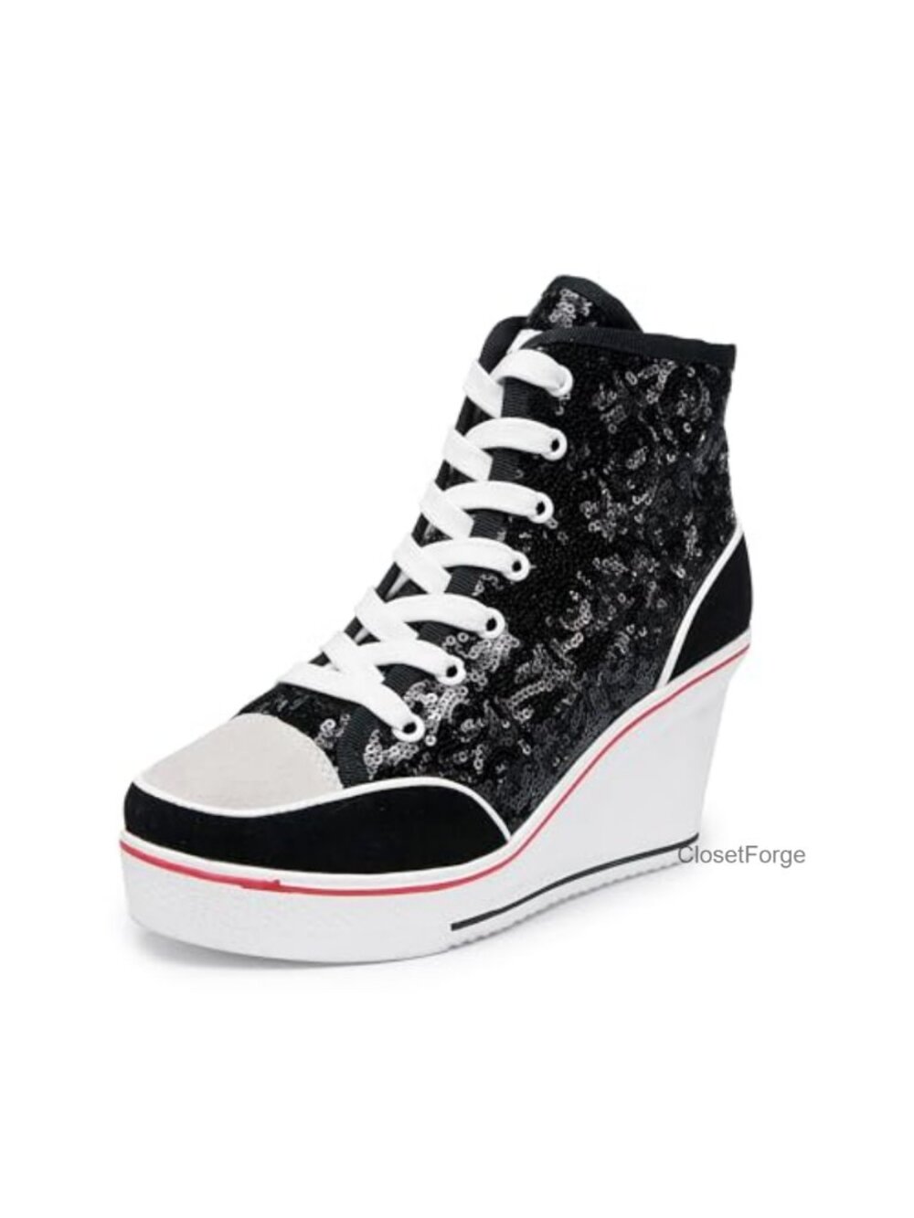Women's Canvas High-Heeled Bling Sneakers Lace-Up Platform Wedges